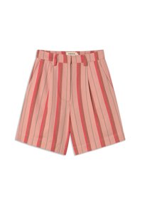 Roze gestreepte shorts met plooien, met afwisselende tinten roze en rood, gemaakt van lichtgewicht stof, ontworpen met zijzakken.