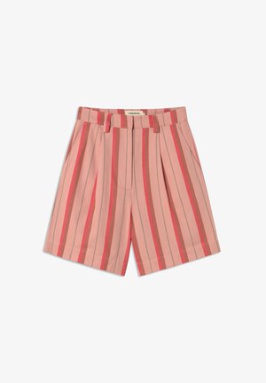 Pink striped shorts with pleats, featuring alternating shades of pink and red, made of lightweight fabric, designed with side pockets.