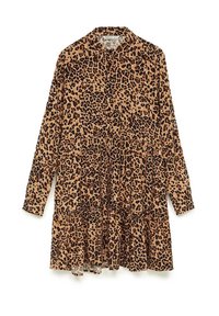 Sukienka w panterkę z miękkiego materiału, z długimi rękawami, kołnierzykiem, falbaniastą spódnicą oraz brązowo-czarnym wzorem.