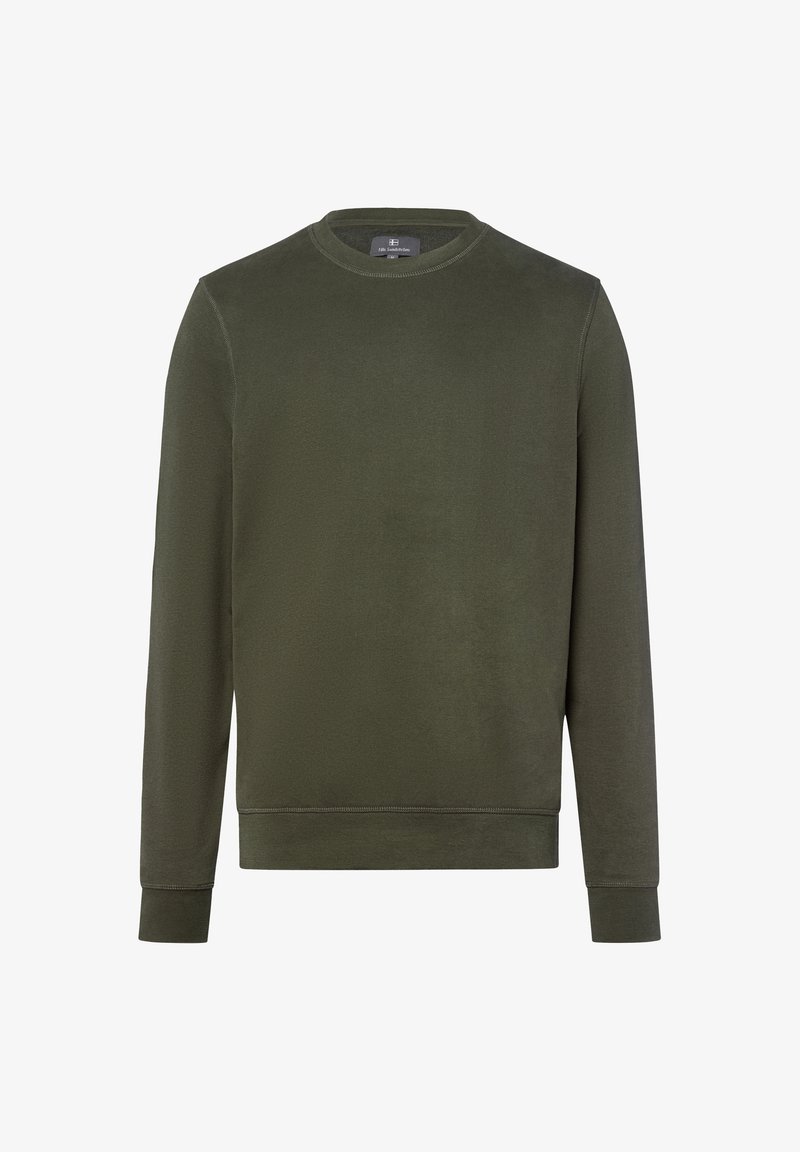 Sweat-shirt uni vert foncé col rond manches longues avec poignets et bas côtelés, présenté sur fond blanc.