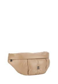 Borsa puffer beige con forma rotonda, texture liscia simile alla satinata e un prominente logo B. Presenta dettagli trapuntati e un'ampia apertura superiore.