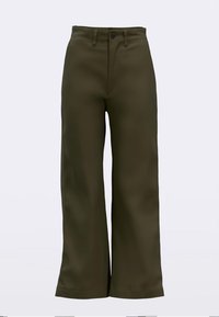Vid bukser i mørk olivengrønt stoff, med glidelås i front, frontlommer og jevn tekstur. Klassisk design, skreddersydd passform.