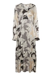 Lång, flödande klänning i satin med ett blommönster i nyanser av grått, kräm och beige. Har en V-ringning och långa ärmar.