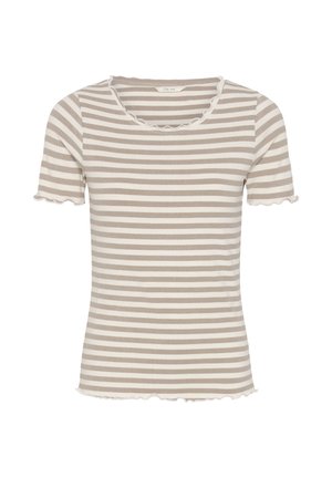 Kratka majica od rebrastog pletenog materijala s bež i bijelim horizontalnim prugama, okruglim izrezom i valovitim rubom na rukavima, izrezu i rubu majice.