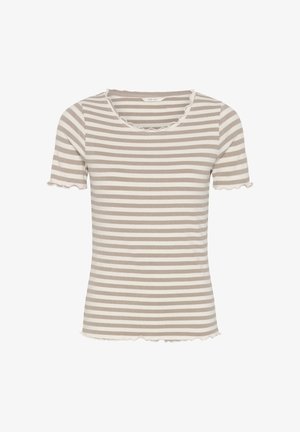 Krátky rukáv, rebrovaný pletený top s béžovými a bielymi horizontálnymi pruhmi, okrúhlym výstrihom a volánikovým lemom na rukávoch, výstrihu a leme.