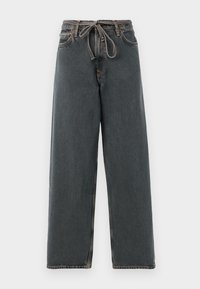 Mørk denim vide bukser med snor i livet, synlige sømmer og en glatt tekstur. Har en avslappet passform og rette ben.