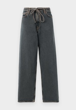 Dark denim wide-leg jeans with a drawstring waist, visible stitching, and a smooth texture. Features a relaxed fit and straight legs.