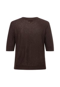 Brauner gestrickter Pullover mit kurzen Ärmeln, der ein strukturiertes offenes Gewebe-Muster und einen runden Ausschnitt aufweist. Die Rückansicht zeigt die Designdetails.