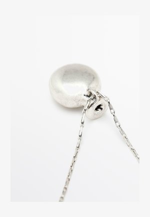 Silver metallic pendant with a round shape, polished surface, and a chain. Features a threaded top for attachment. Smooth texture.