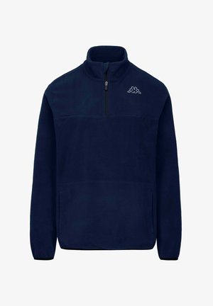Pullover in pile blu navy con colletto a mezza zip, dotato di tasca frontale e dettagli neri sui polsini e sull'orlo, con logo sul petto.