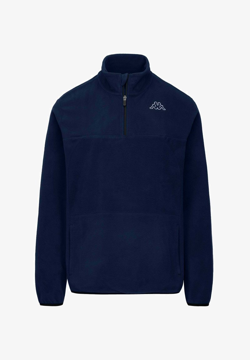 Pullover in pile blu navy con colletto a mezza zip, dotato di tasca frontale e dettagli neri sui polsini e sull'orlo, con logo sul petto.