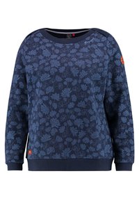 Sudadera azul marina con patrón floral en azul claro. Presenta puños y dobladillo acanalados, cuello redondo y un pequeño logo en la manga.