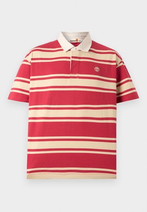 Polo a maniche corte a righe rosse e beige con colletto beige e un piccolo logo dell'albero Timberland sul petto a sinistra.