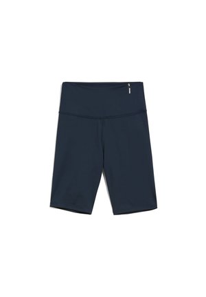 Marineblaue Sportshorts aus glattem, dehnbarem Stoff. Mit hohem Bund und knielangem Design sowie flachen Nähten.