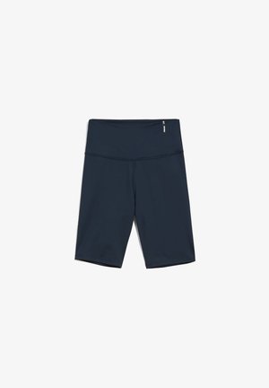 Shorts de sport bleu marine fabriqués en tissu lisse et extensible. Possède une taille haute et un design longueur genou avec des coutures à plat.