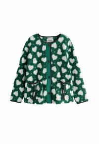 Cardigan verde in pile con motivi a forma di cuore bianchi, con chiusura a bottoni, bordi neri e due tasche frontali. Tessuto morbido e texture.