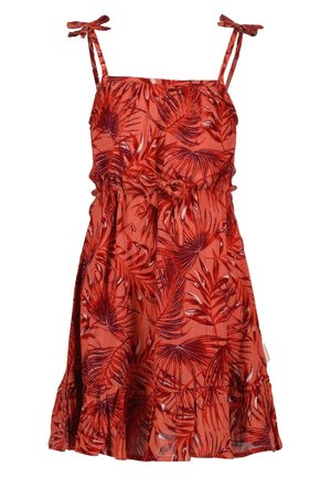 Robe rouge sans manches avec motif de feuilles tropicales, bretelles nouées, taille froncée avec un nœud et ourlet à volants.