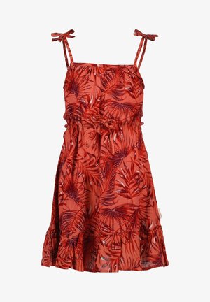 Robe rouge sans manches avec motif de feuilles tropicales, bretelles nouées, taille froncée avec un nœud et ourlet à volants.