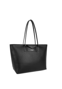 Black leather tote bag with textured surface, two long handles, and a triangular front accent. Features a logo on the front panel.