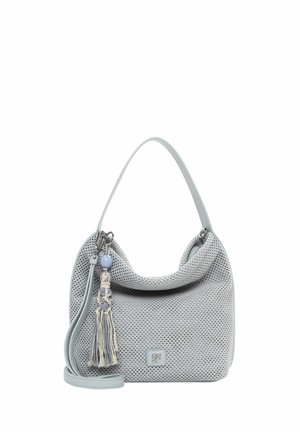 Heleroheline kootud käekott, millel on üks õlakandmine, eemaldatav risti kehale riputatav rihm ning tõmbluku tõmbamiseks kinnitatud sinise helmese ja dekoratiivse narmaga.