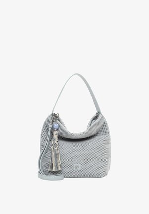 Lichtgrijze geweven handtas met enkele schouderriem, afneembare crossbodyriem en decoratieve tassel met blauwe kraal bevestigd aan de ritssluiting.