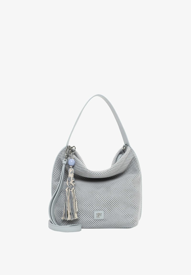 Heleroheline kootud käekott, millel on üks õlakandmine, eemaldatav risti kehale riputatav rihm ning tõmbluku tõmbamiseks kinnitatud sinise helmese ja dekoratiivse narmaga.