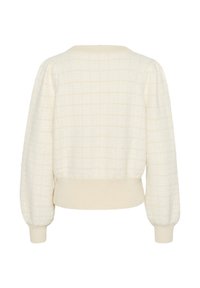 Sweter w kolorze kremowym, wykonany z dzianiny o fakturowanej strukturze, z bufiastymi rękawami, ściągaczami przy mankietach i w pasie, z delikatnym wzorem w kratę.