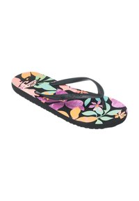 Flip-flop sandal med en svart gummisula. Flerfärgad blommönster på sula med rosa, gröna och gula accenter. Svarta remmar.