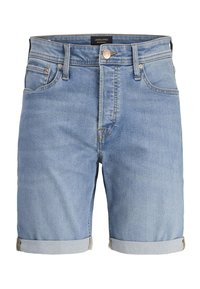 Shorts in denim azzurro chiaro con orli arrotolati, cinque tasche e chiusura a bottone. Texture liscia con leggera scoloritura. Etichetta del marchio visibile in vita.