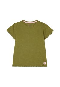 Olivenfarbene T-Shirt mit kurzen Ärmeln, Rundhalsausschnitt und Spitzenbesatz an den Ärmeln und dem Saum. Verfügt über ein kleines Etikett in der unteren Ecke.