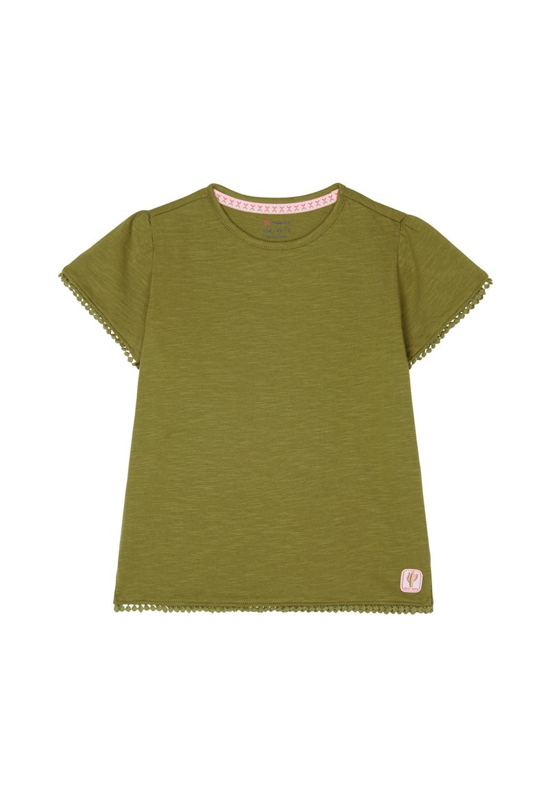Olivenfarbene T-Shirt mit kurzen Ärmeln, Rundhalsausschnitt und Spitzenbesatz an den Ärmeln und dem Saum. Verfügt über ein kleines Etikett in der unteren Ecke.