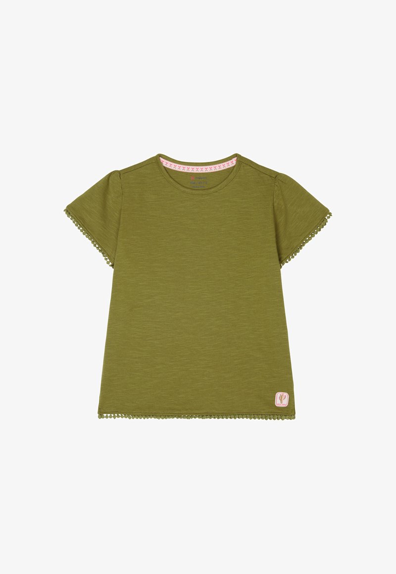 Oliwkowy t-shirt z krótkim rękawem, okrągłym dekoltem i koronkowymi wykończeniami przy rękawach i u dołu. Zawiera małą metkę w dolnym rogu.