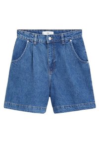 Short en jean bleu taille haute avec plis à l'avant, passants pour ceinture, fermeture par bouton et deux poches latérales.