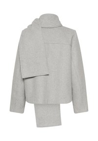 Manteau gris en mélange de laine avec un large col, des manches longues et une écharpe attachée, présentant une coupe droite et un design minimaliste.