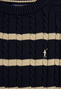Marineblauer und beiger gestreifter Strickpullover mit Kabelmuster und gesticktem Polo-Spieler-Logo auf der Brust.