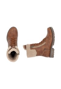 Bruine leren enkellaarsjes met faux fur manchet, veterclosure aan de voorkant, zijrits, gestructureerde zool en robuuste hardware accenten.