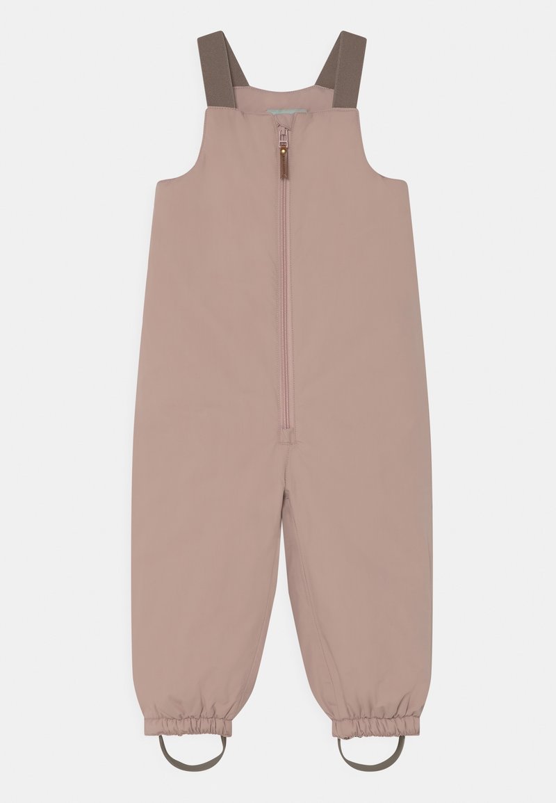 Salopette imperméable marron clair pour tout-petit avec fermeture éclair à l'avant, poignets élastiques aux chevilles, bretelles marron réglables et sangles pour les pieds.