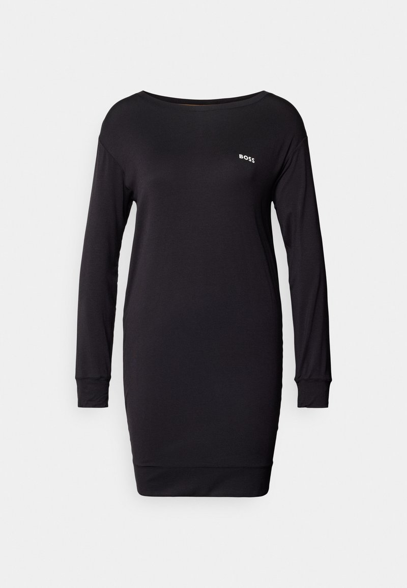 Fekete, hosszú ujjú ruha puha, rugalmas anyagból. Kerek nyakkivágás, a mellkason kis fehér "BOSS" logó. Szűkített mandzsettákkal és szegéllyel.