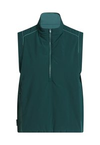 Mouwloos, donkergroen vest met hoge kraag, halve ritssluiting aan de voorkant en contrasterende naden. Gemaakt van lichtgewicht, gladde stof zonder zichtbare sluitingen.