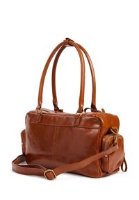 Brown leather handbag with two long handles, a removable shoulder strap, and a side zipper pocket. Smooth texture, rectangular shape, golden hardware.