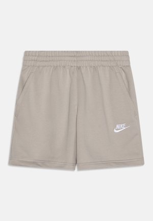 Γκρι αθλητικά σορτσάκια από μαλακό ύφασμα, με ελαστική μέση, δύο πλαϊνές τσέπες και λευκό λογότυπο Nike στο αριστερό πόδι.