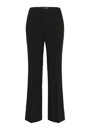 Black trousers with a straight leg, made of a smooth fabric. Features a high waistband and minimalistic design without visible patterns or accents.