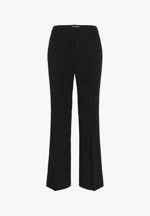 Pantaloni neri con gamba dritta, realizzati in un tessuto liscio. Presentano una vita alta e un design minimalista senza motivi o dettagli visibili.