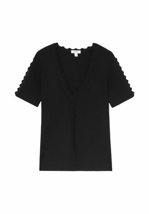 Top nero a maniche corte a coste con scollo a V smerlato e bordi smerlati coordinati sulle maniche e sull'apertura frontale.