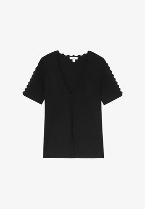 Černý žebrovaný top s krátkým rukávem, vroubkovaným výstřihem do V a odpovídající vroubkovanou lemovkou na rukávech a předním zapínání.