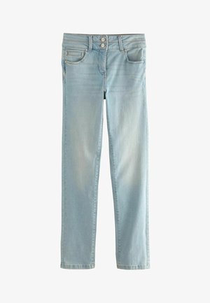 Light blue denim jeans with a straight leg, two front pockets, and a zip fly featuring double-button closure. Soft texture and faded wash.