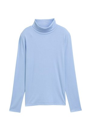 Babyblauwe longsleeve coltrui met een gladde textuur, gepresenteerd tegen een eenvoudige witte achtergrond.