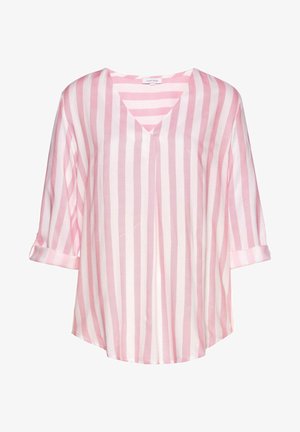 Roze-wit gestreepte blouse, lichtgewicht stof, V-halsontwerp, driekwart mouwen met omgeslagen manchetten, afgeronde zoom.