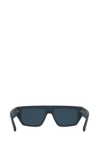 Occhiali da sole rettangolari di colore blu scuro con una montatura opaca. Presentano aste dritte e sottili accenti metallici vicino alle cerniere. Le lenti sono scure e polarizzate.