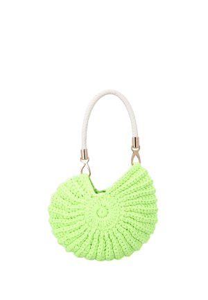 Geantă mică de mână verde neon croșetată, în formă de scoică, cu mâner alb împletit gros și încuietori aurii.